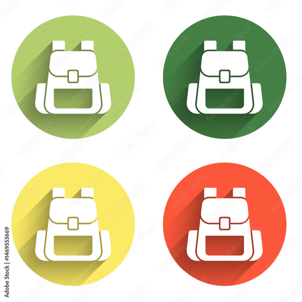 Poster set hiking backpack icon isolated with long shadow background. camping and mountain exploring backpa