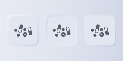 Grey Medicine pill or tablet icon isolated on grey background. Capsule pill and drug sign. Pharmacy design. Set icons in square buttons. Vector