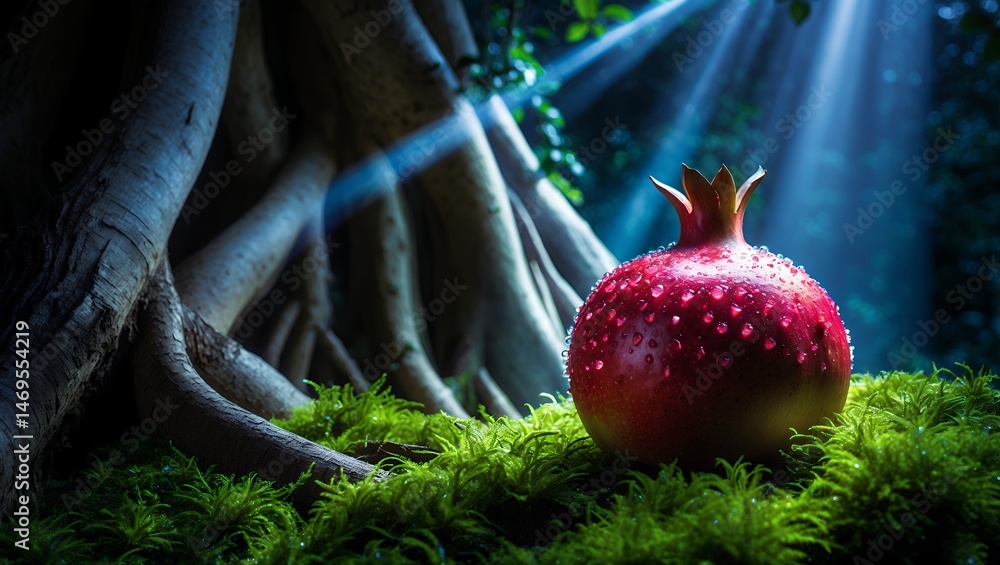 Poster pomegranate resting on moss with mystical light in forest setting