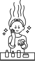 スキンケアに情熱を注ぐ女性のイラスト　線画のみ