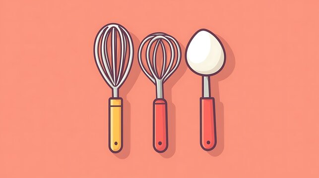 Baking Utensils Whisk with Egg, and Spoon.