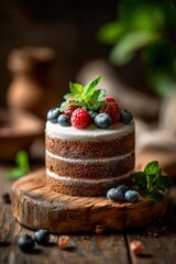 Delicious layered cake topped with fresh berries and mint