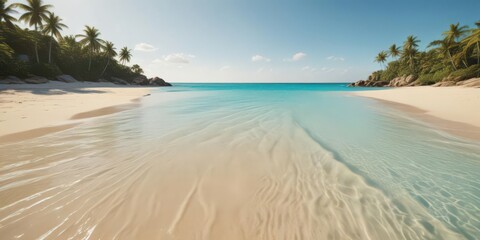Obraz premium Golden sand, turquoise water, lush island backdrop, sand, island