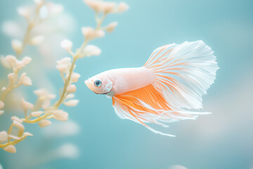 Obraz premium A beautiful betta fish swimming gracefully among soft aquatic plants in a serene underwater environment.