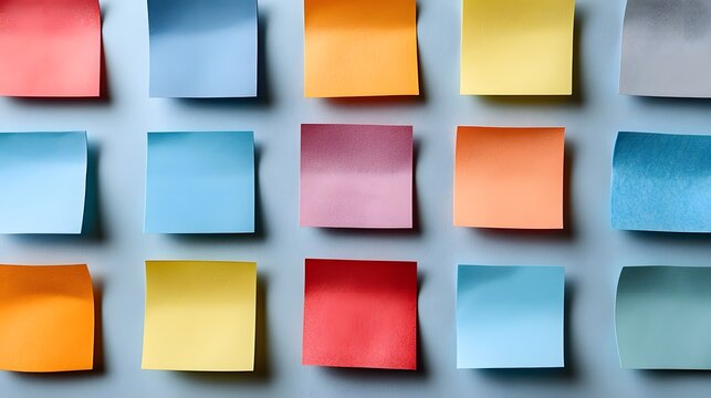An array of colorful sticky notes arranged on a textured surface, offers a visual representation of diverse ideas, tasks, and reminders.