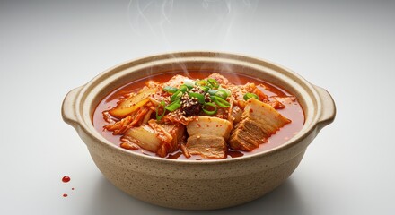 Steaming bowl of kimchi stew with pork and green onions on a white background.