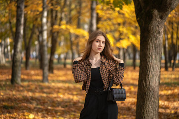 Portrait of a young beautiful long-haired girl in an autumn park.