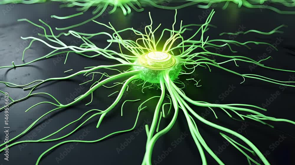 Poster 3d rendered green neuron cell with glowing core and complex branching axons and dendrites on a dark 