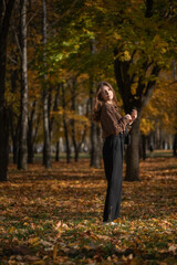 Portrait of a young beautiful long-haired girl in an autumn park.