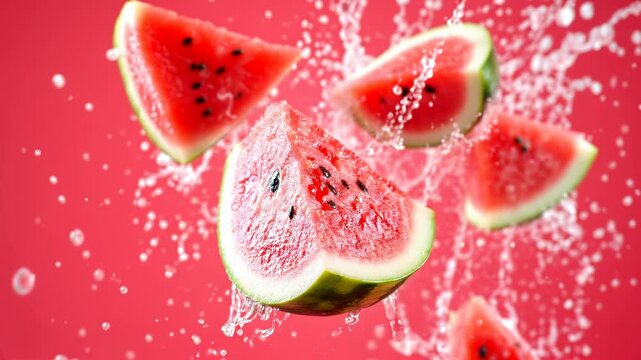 Refreshing Watermelon Slices Splashing in Water on Red Background