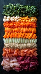 Fototapeta premium Assortment of vegetables arranged on a black surface pure and simple ingredients food background