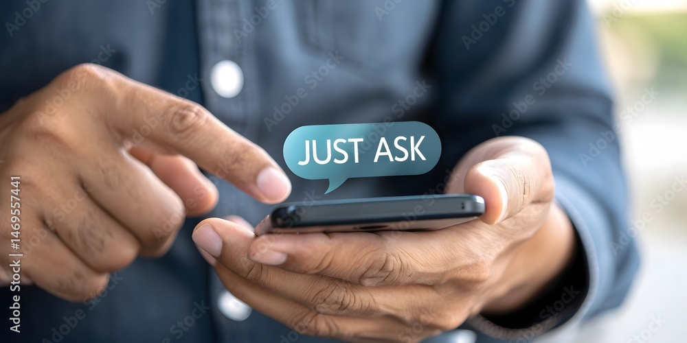 Poster a person interacts with a smartphone, a digital speech bubble prompts users to simply 