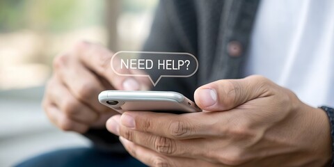 A user interacts with a mobile phone, a speech bubble overlay indicates a request for assistance, set against a background. This image depicts technological interaction and assistance.