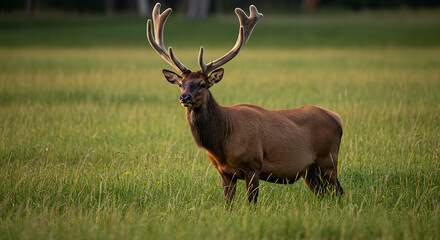 Fototapeta premium Majestic elk with impressive antlers stands in a sunlit meadow, showcasing wildlife in its natural habitat and creating a serene nature scene