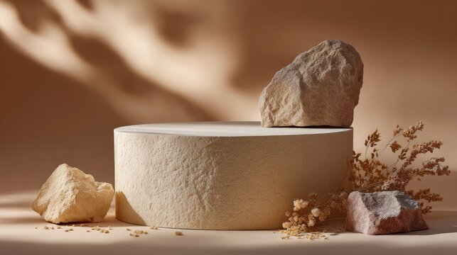 Minimalist stone podium on beige background with soft shadows, perfect for natural skincare product display