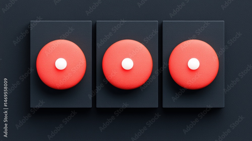 Poster a 3d rendering of a row of three circles, each with a white center and a red outer ring, set against