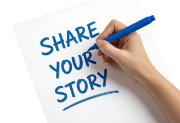 Blue Hand Writing Share Your Story, Isolated Transparent Background, Minimalist Design Element