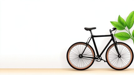 Fototapeta premium Black Bicycle with Green Plant Against White Wall