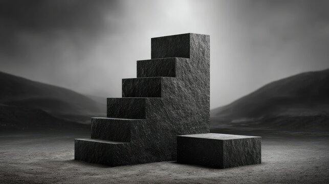 Monolithic podium display made of basalt stone, stark and bold for branding visuals