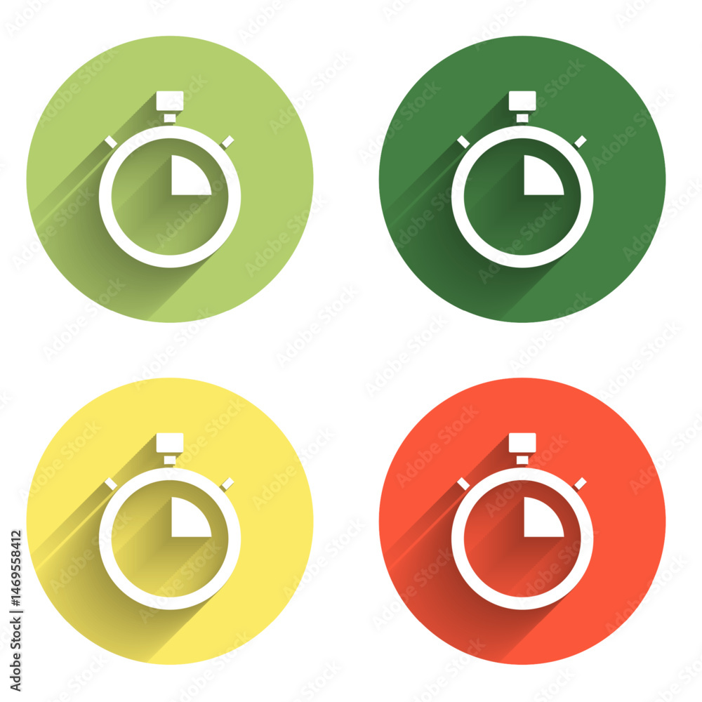 Poster set stopwatch icon isolated with long shadow background. time timer sign. chronometer sign. color ci
