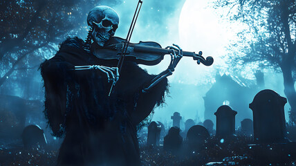 Fototapeta premium Skeleton Playing a Violin in a Graveyard