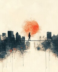 Conceptual artwork of solitary figures walking tightropes above abstract cityscapes, symbolizing social balance, isolation, and inequality, in a minimalist, textured style.