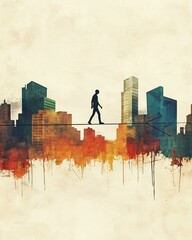Conceptual artwork of solitary figures walking tightropes above abstract cityscapes, symbolizing social balance, isolation, and inequality, in a minimalist, textured style.
