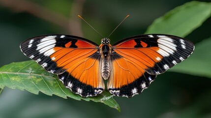 Fototapeta premium A butterfly with orange wings and black spots on a green leaf.