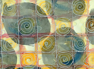 Abstract watercolor background, dynamic circles and spirals, calming meditation, modern pattern.