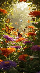 Sunlit Garden: Butterflies Dance Among Vibrant Blooms AI Generated