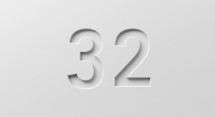 Number 32 Embossed on White Background