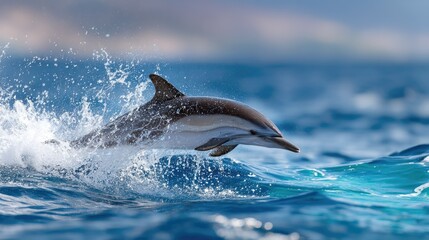 Obraz premium Playful striped dolphin making a splash as it jumps out of the ocean on a bright summer day