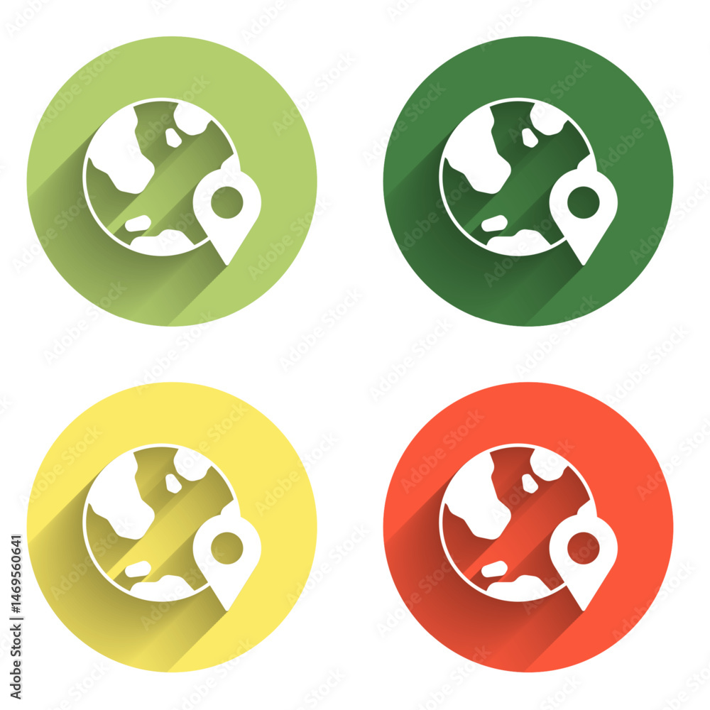 Poster set location on the globe icon isolated with long shadow background. world or earth sign. color circ