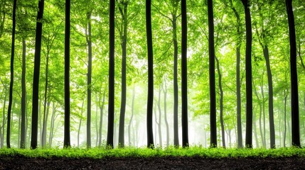 Fototapeta premium Misty Green Forest Tall Trees and Lush Canopy in Soft Light