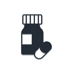 Black Medicine bottle and pills icon isolated on white background. Bottle pill sign. Pharmacy design. Vector