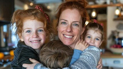 Capture the heartwarming moment as children embrace their joyful mother. This tender scene reflects love, family bonds, and the happiness found in simple, everyday moments.