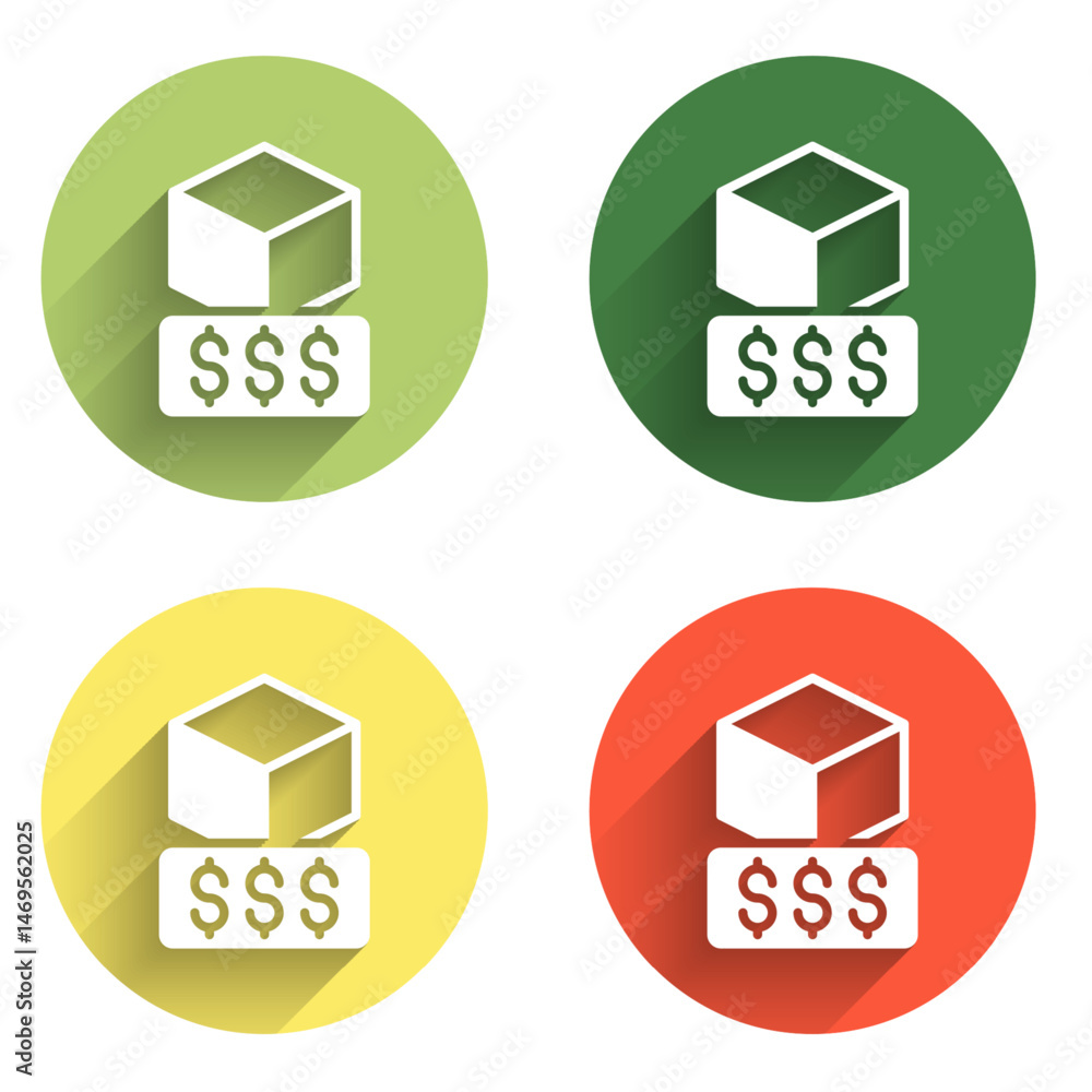 Aufkleber set 3d printer services icon isolated with long shadow background. 3d printing. color circle button.