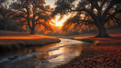 River Flowing Through Meadow with Trees at Golden Sunset Light