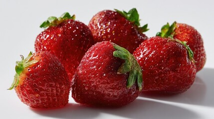 Several freshly washed strawberries placed next to each other on a stark white background, emphasizing freshness