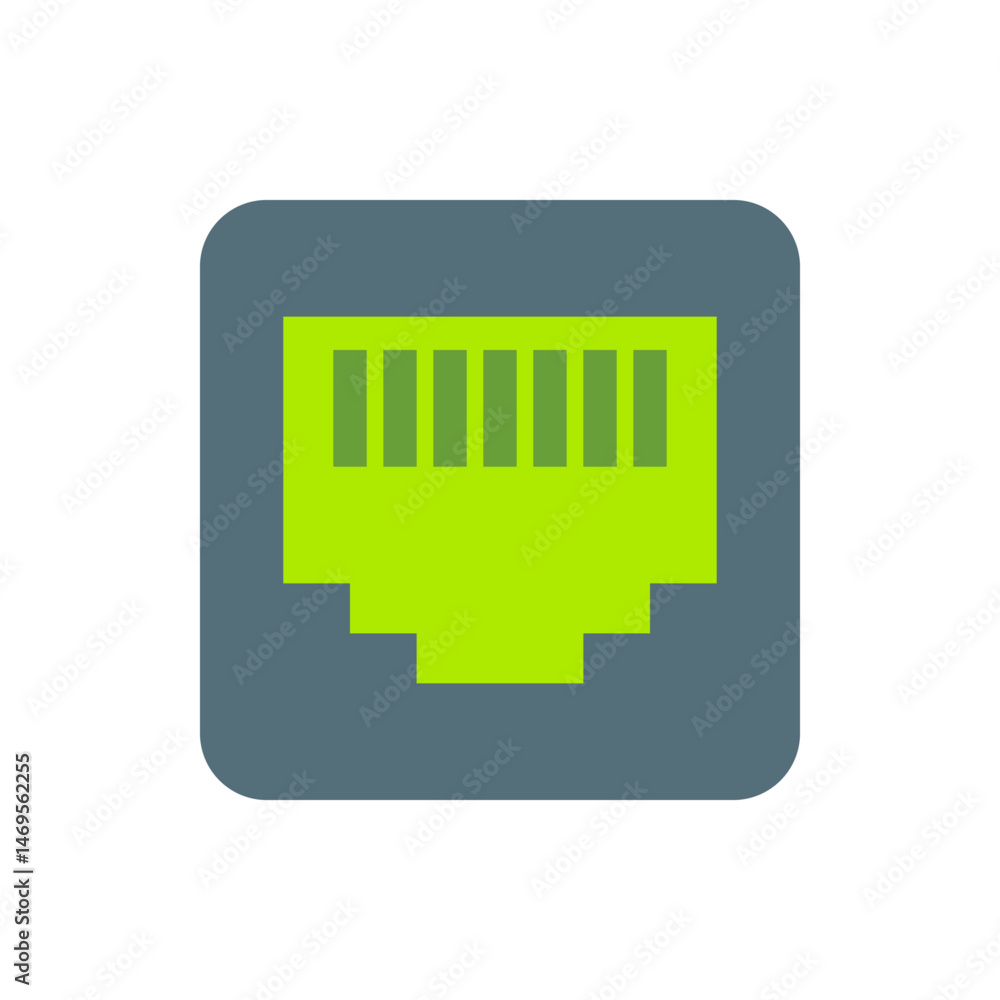 Poster illustration of a green ethernet port icon on a gray rounded square background in a simple flat desi