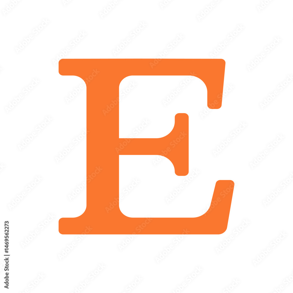 Poster an orange letter e with rounded corners is centered on a white background in a simple graphic design