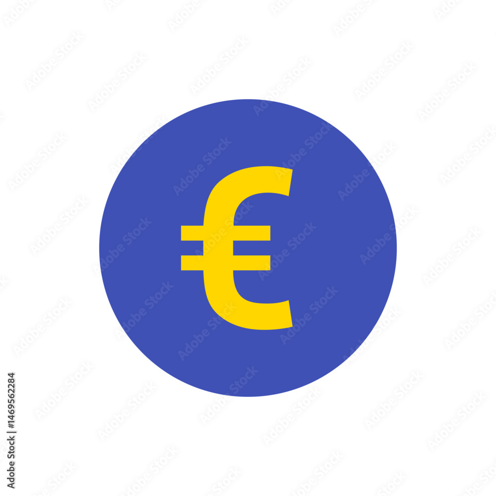 Poster a yellow euro symbol with two horizontal lines centered on a blue circle on a white background view