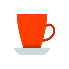 Illustration of a simple orange cup with brown handle sitting on a light gray saucer, isolated on white