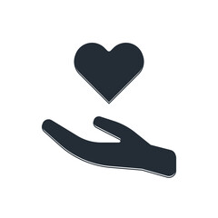 Black Heart in hand icon isolated on white background. Hand giving love symbol. Valentines day symbol. Vector
