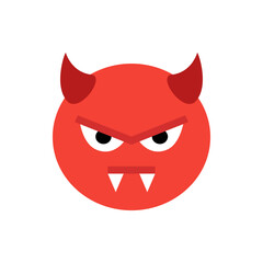 A red circular devil face with horns, angry eyebrows, black eyes, and two white fangs is displayed