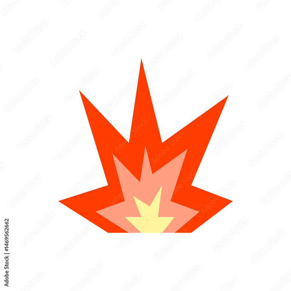 Poster illustration of a stylized explosion with orange and yellow sharp shapes on a white background desig