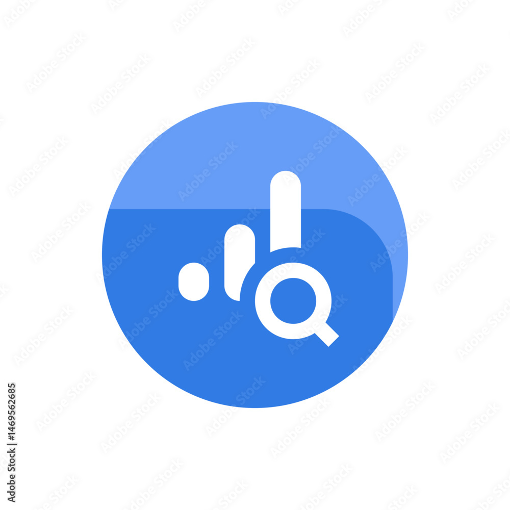 Poster blue circle icon featuring a white bar graph and magnifying glass suggesting data analysis and insig