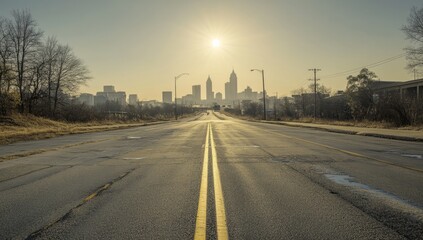 Obraz premium Empty city street at sunrise