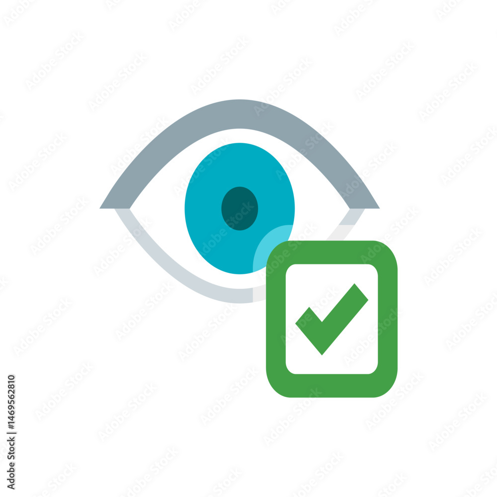 Poster eye icon with a blue iris and a green check mark in a square indicating verification and approval st