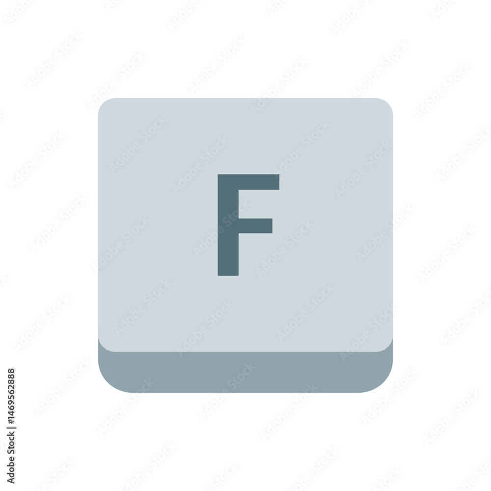 Poster square button with rounded corners and the letter f in the center on a white isolated background des